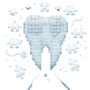 Interlocking puzzle pieces forming a tooth, symbolizing the restoration and completion of dental health.