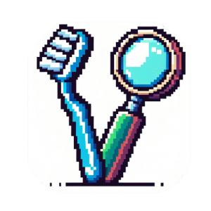 A stylized toothbrush and magnifying glass, symbolizing thorough cleaning and examination.