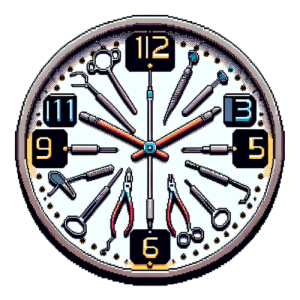 A clock with dental instruments, indicating timely and urgent care during dental emergencies.