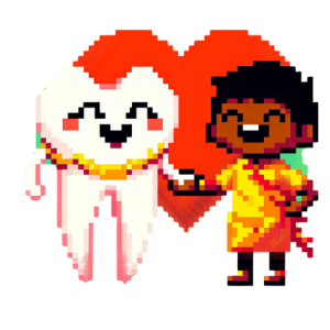 A cheerful and whimsical cartoon tooth holding hands with a child's hand, creating a heart shape.